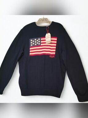 Americana Patriotic July 4th Navy Blue Flag Sweater Men's Size Large